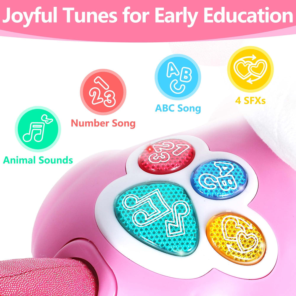 IPlay unicorn toy LED lights and buttons for interactive play.