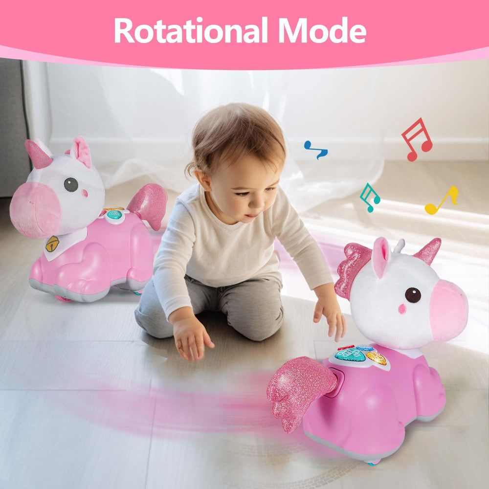 IPlay unicorn toy motion and wiggle engaging crawling practice.