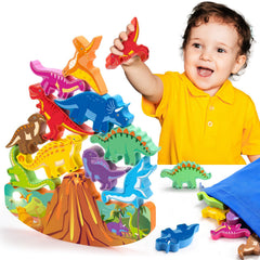 IPOURUP Dinosaur stacking blocks with volcano base promote balance and color recognition during play.
