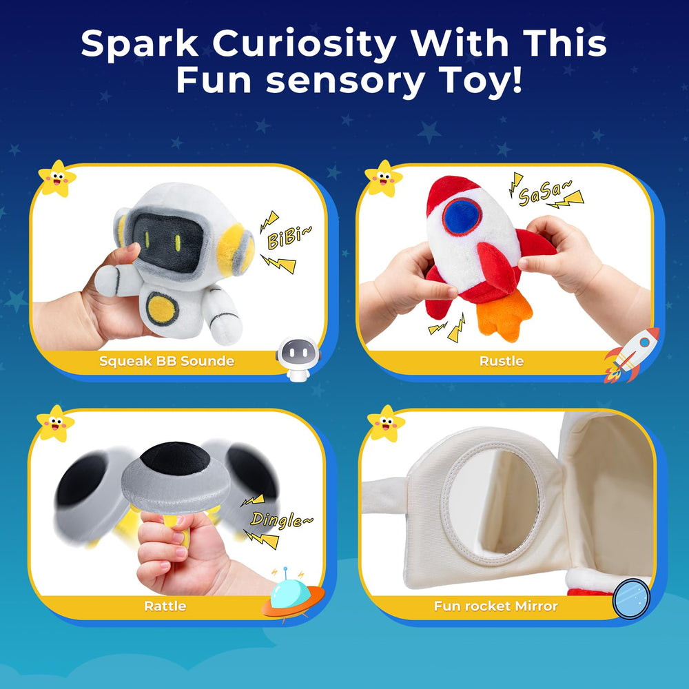 IPOZITO squeaker toy offers gentle feedback to engage grasping.