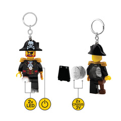 IQ LEGO Captain Brickbeard keychain light attached to bag for quick access.
