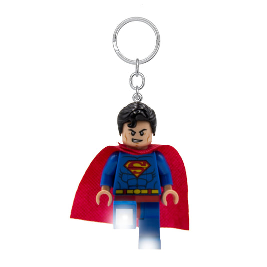 IQ LEGO DC Superman keychain light with foot LED for bright, on-the-go visibility.