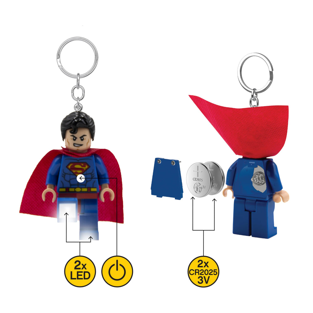 IQ LEGO DC Superman keychain light fully posable for playful posing.