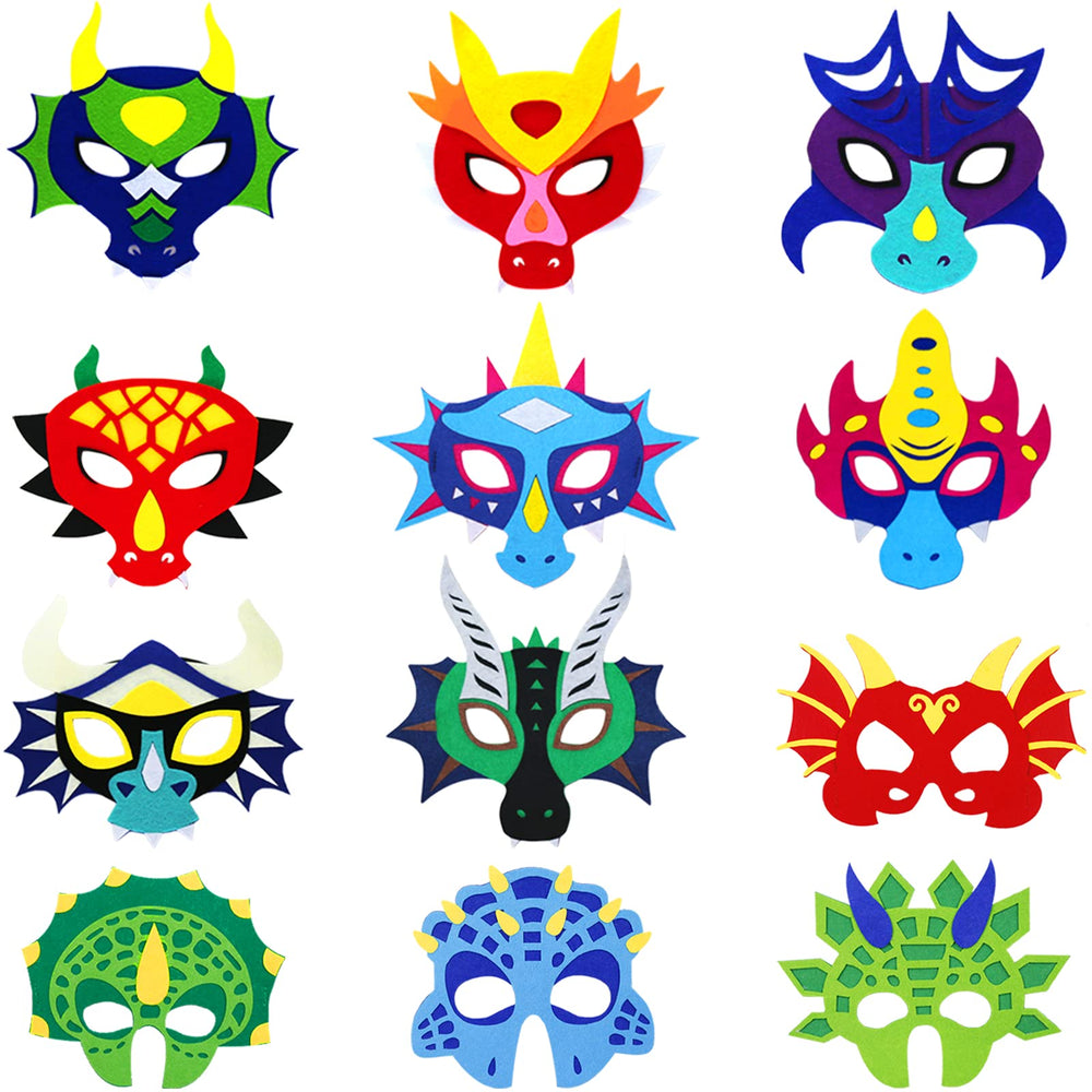 Front view of iROLEWIN dragon masks 12-pack for playful dress-up.