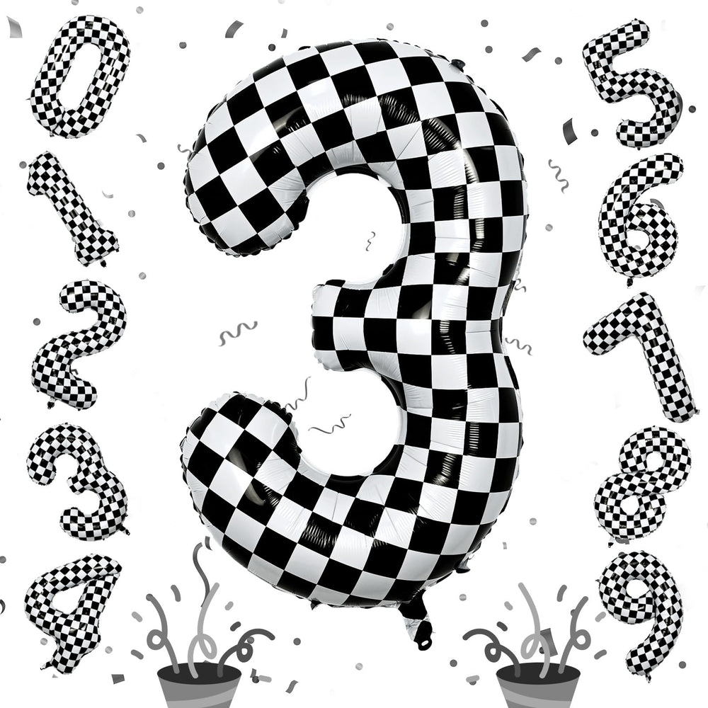 isndare 40-inch checkered number 3 balloon showcases bold racing style for birthday décor