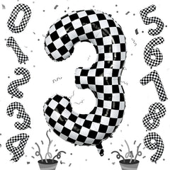 isndare 40-inch checkered number 3 balloon showcases bold racing style for birthday décor
