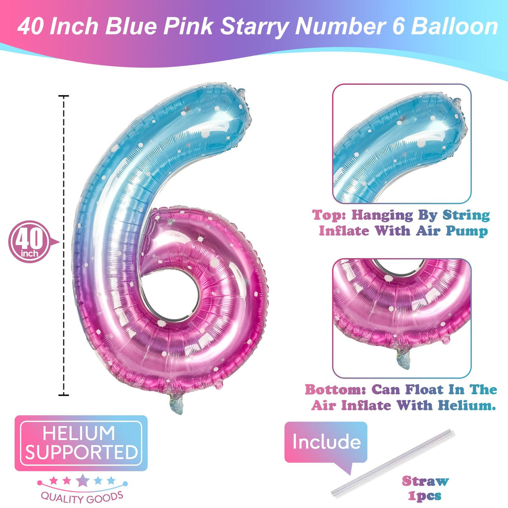Isndare blue-pink gradient Number 6 balloon adds vibrant focal point.