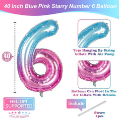 Isndare blue-pink gradient Number 6 balloon adds vibrant focal point.