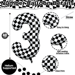 isndare checkered foil number 3 balloon adds glossy impact to party backdrops with easy setup