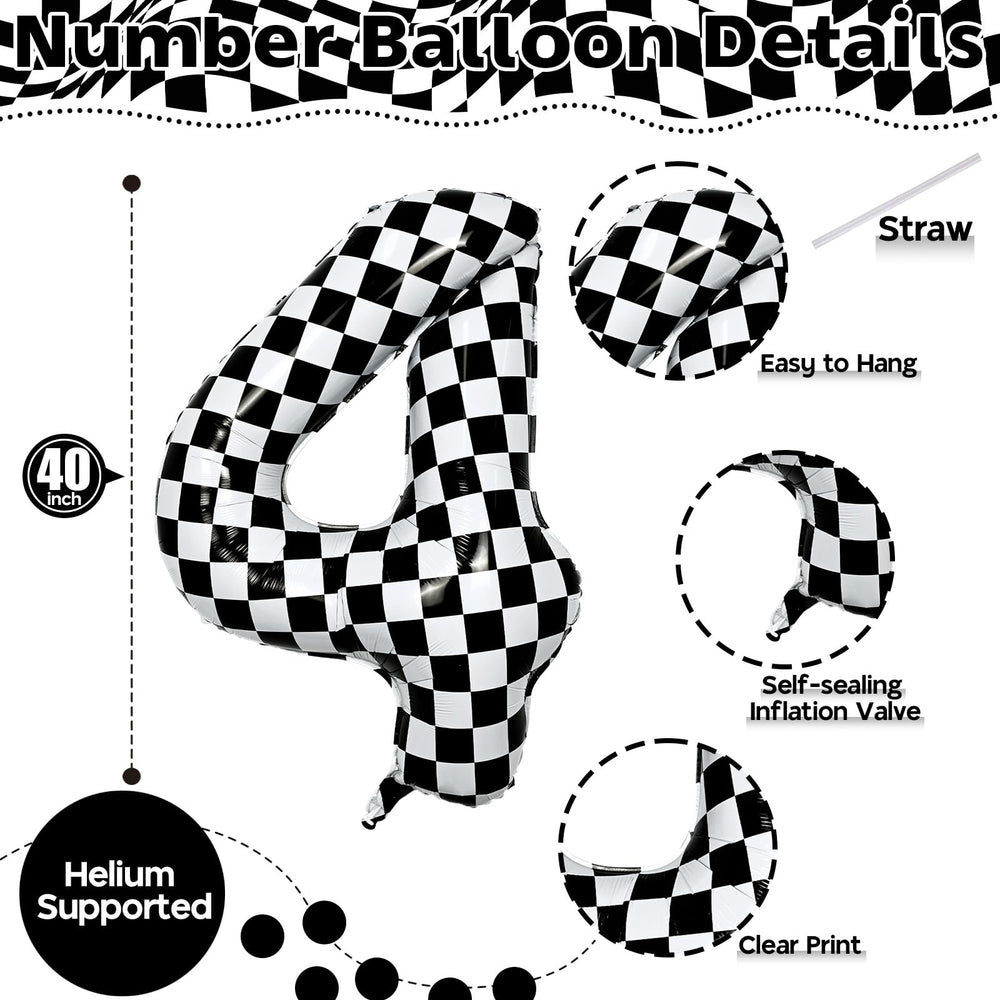 Isndare foil number 4 balloon in black and white grid, durable and reusable.