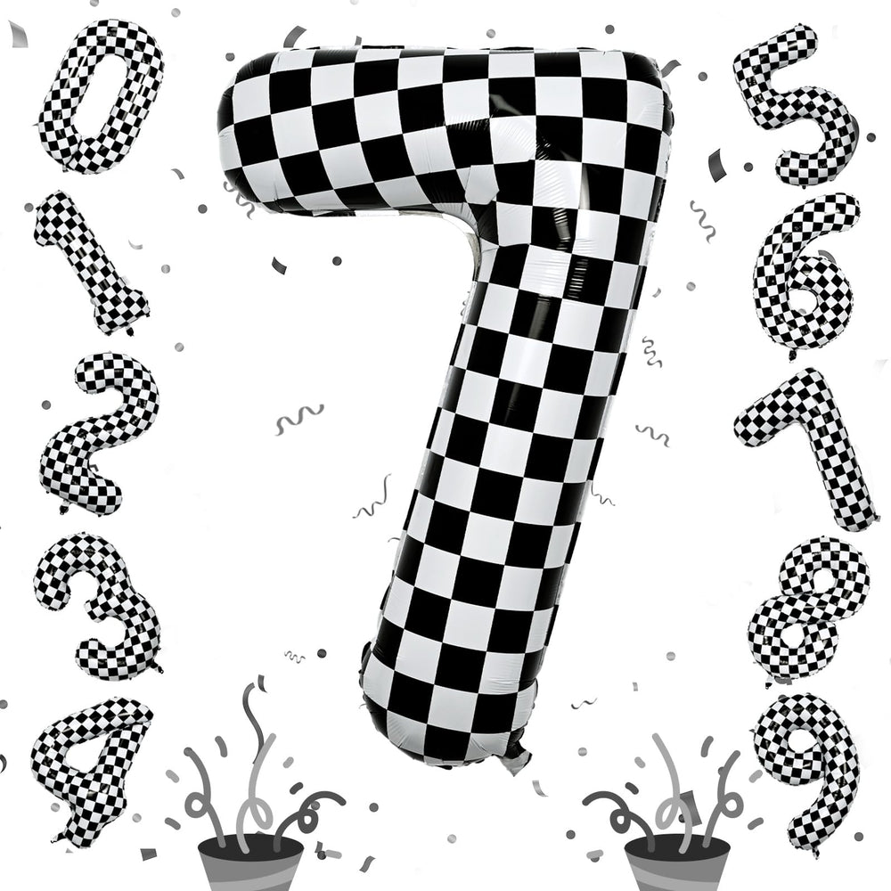 Isndare number 7 balloon with black and white checkered design boosts birthday decor.