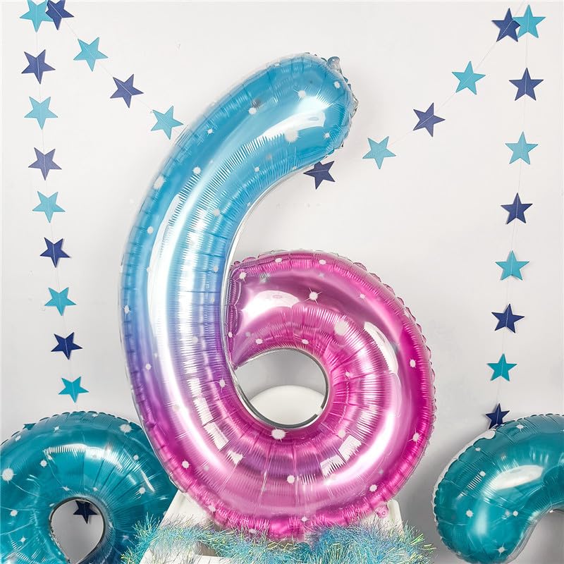 Isndare starry foil Number 6 balloon creates magical photo backdrop.