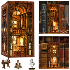 ISSEVE Book Nook Kit assembly scene with shelves and arches for a decorative library display.