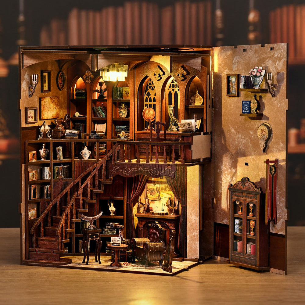 ISSEVE Book Nook Kit shelf diorama display on a wall shelf.