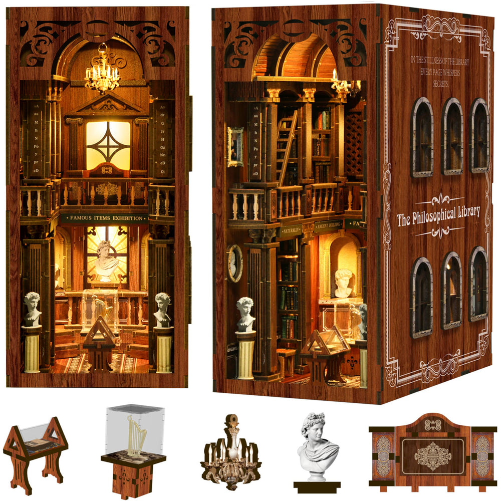 ISSEVE philosophical library setup inside the book nook featuring busts and crystal accents.