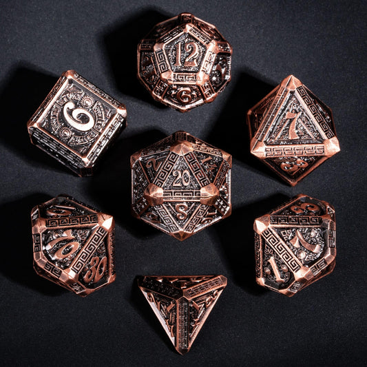 IUSTIDIE Mayan-designed dice set with intricate engravings for tabletop play.