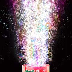 Ivtivfu Fireworks Bubble Machine with lights on creates a magical glow at dusk.