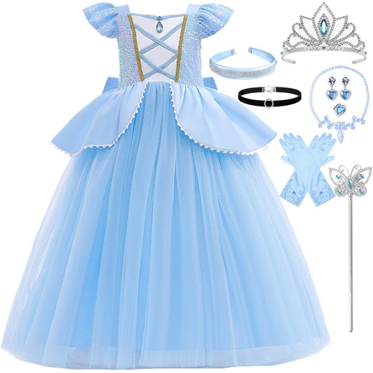 iTVTi Princess Cinderella dress blue front view for girls, vivid costume for imaginative play