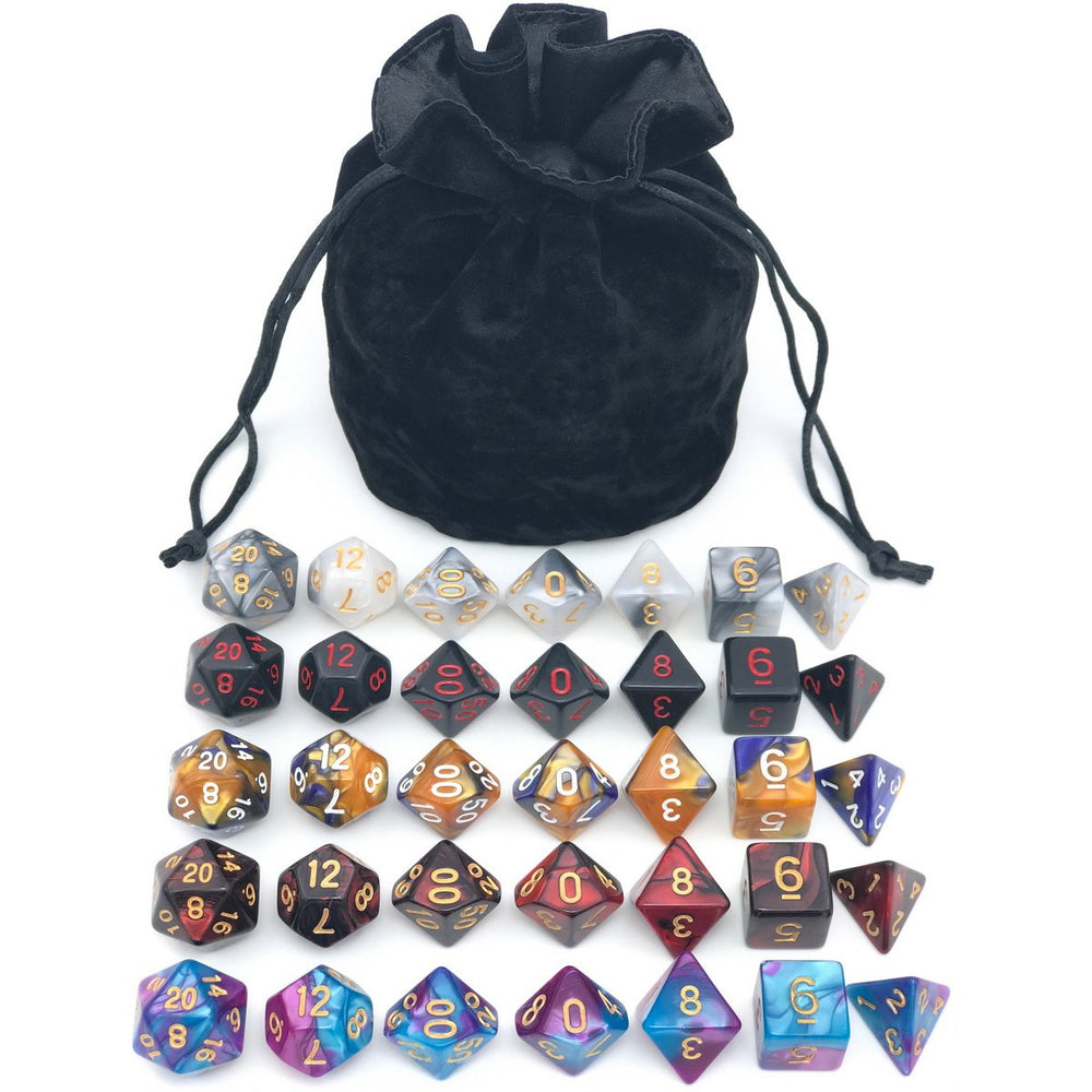 IvyFieldDice assorted polyhedral dice with black drawstring bag for RPG play.
