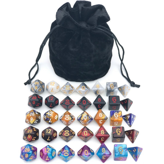 IvyFieldDice assorted polyhedral dice with black drawstring bag for RPG play.