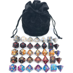 IvyFieldDice assorted polyhedral dice with black drawstring bag for RPG play.