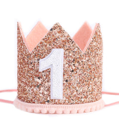 IVYRISE glitter birthday crown pink-gold front view, ideal for festive photos