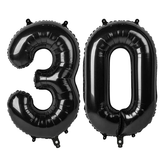 IWERP Black Number 30 balloon front view, milestone birthday photo backdrop.