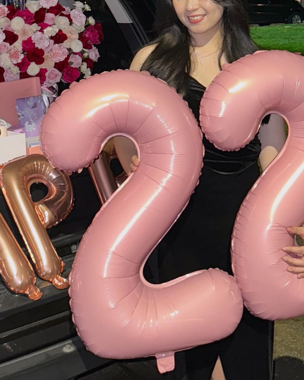 IWERP pearlescent pink 6th birthday party setup with large balloon