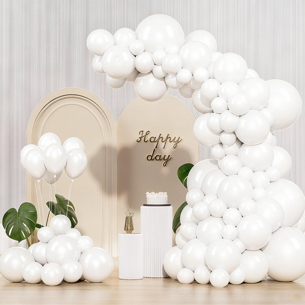 IXVAN white 18-inch balloons ready for a bold arch decor setup.