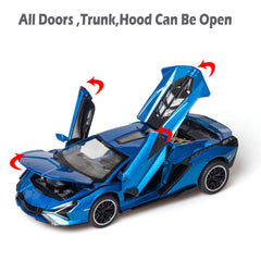 IYEAM Lambo Sian FKP3 blue die-cast car front view highlights vivid paint and detail.