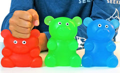 JA-RU gummy bear being squeezed to help focus during tasks.