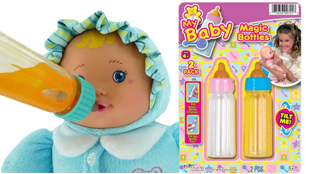 JA-RU Magic Baby Doll Bottles juice bottle set encourages role-play and sensory interaction.