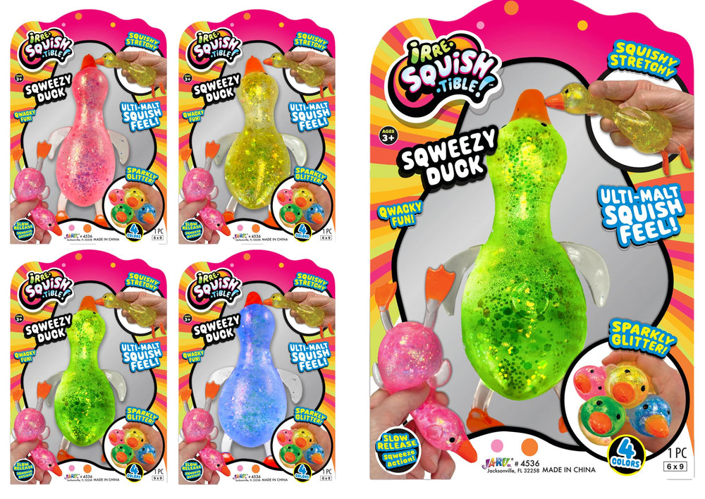 JA-RU Squishy Glitter Ducks four-pack in pink, green, blue, and yellow for calming squish