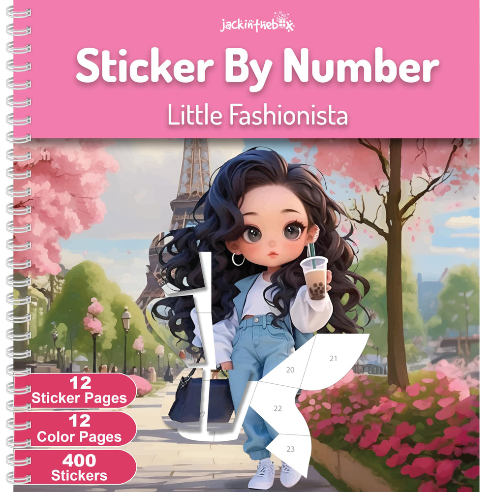 jackinthebox Sticker by Number Book showcases 12 fashion scenes for screen-free creativity and focus.