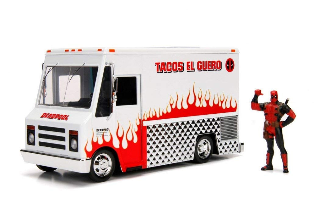 Jada Deadpool taco truck die-cast car with retractable roof doors for dynamic display.
