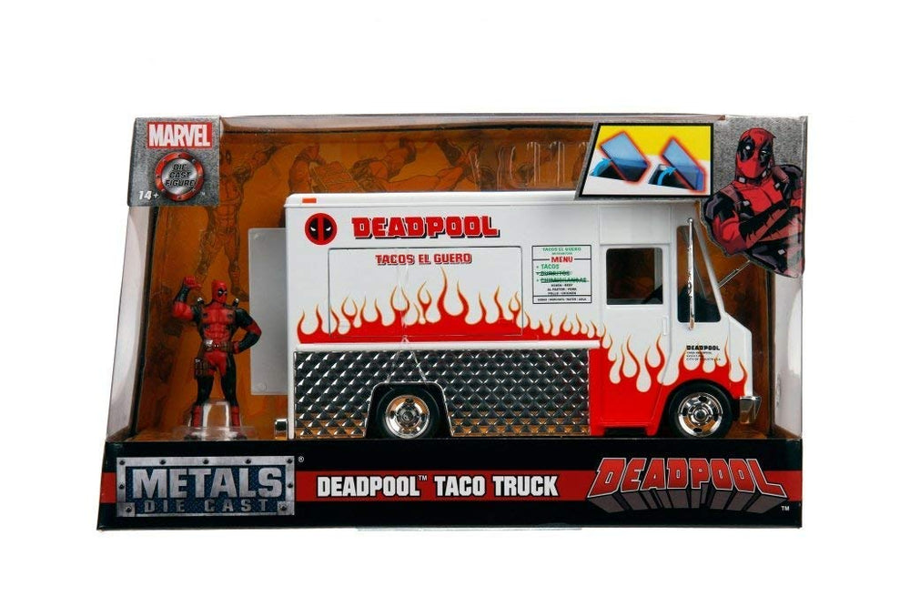 Jada Deadpool taco truck with roof doors open for service windows and play-ready details.
