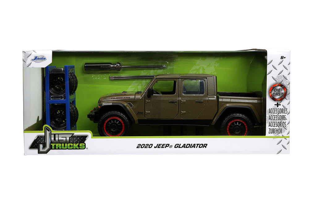 Jada Just Trucks Jeep Gladiator with tire rack, detailed scale model for kids and collectors.