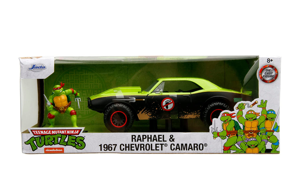 Jada TMNT Camaro side view highlighting bold logos and decals for display appeal.