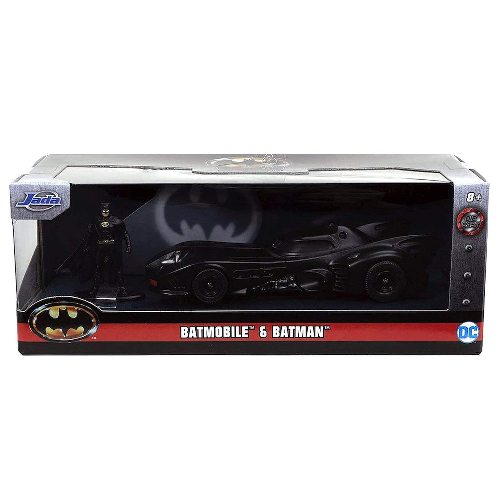 Side view of Jada Toys 1989 Batmobile showing durable die-cast body and detailed design.