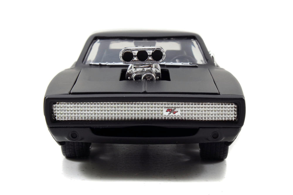 Jada Toys Furious 7 1970 Dodge Charger open hood highlights detailed engine bay realism for collectors.