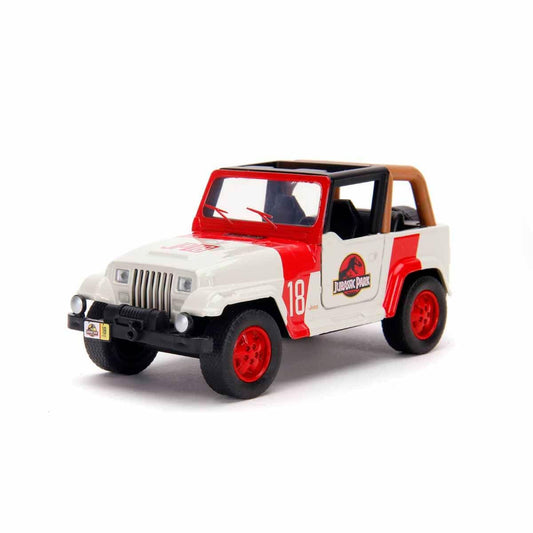 Jada Toys Jurassic World Jeep Wrangler 1:32 front view highlights authentic movie styling for display