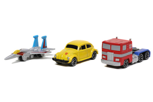 Jada Transformers G1 Nano 3-pack die-cast vehicles for display and collection.