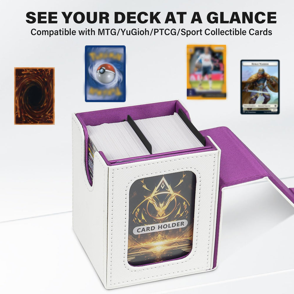 Inside view highlights dividers and card holder for organized play.
