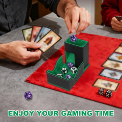 Jaffzora dice tower; compact storage keeps gaming area tidy.