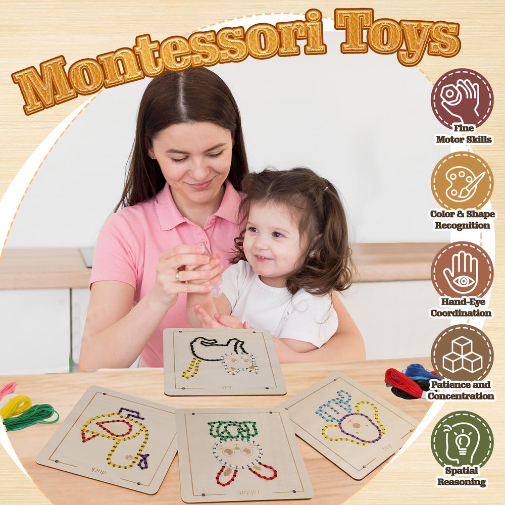 JAiiMen wooden lacing set with colorful yarns supports color recognition through play.