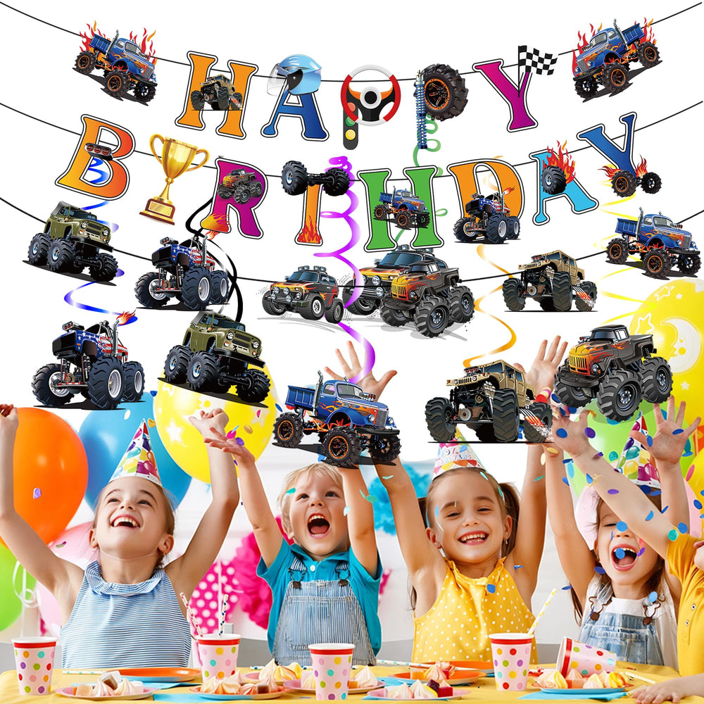 Jajajuegos monster truck party decor set transforms tables and walls with bold visuals.