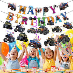 Jajajuegos monster truck party decor set transforms tables and walls with bold visuals.