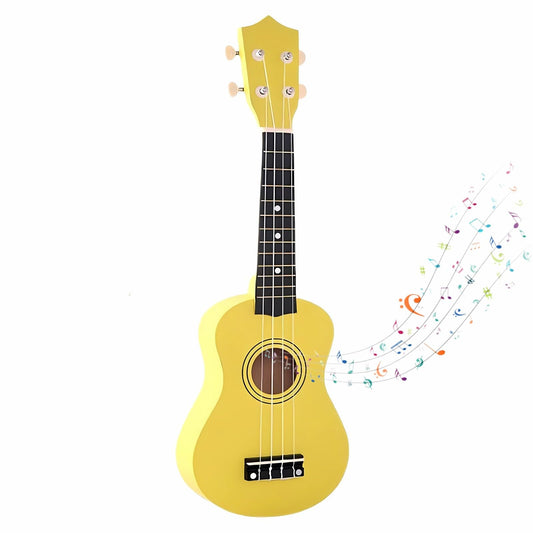 Jakeloo 21-inch wooden kids guitar yellow front view for beginner musicians.