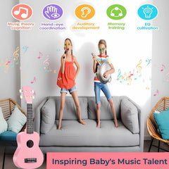 Jakeloo beginner kid guitar pink hands-on close-up supports easy learning