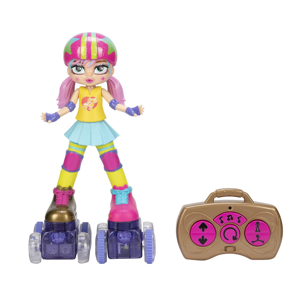 Front view of Rainbow Riley with bright roller skates